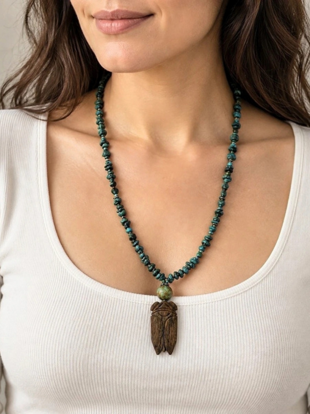 Artisan Turquoise Chip Necklace Carved Stone Cicada Pendant Vintage Sourced